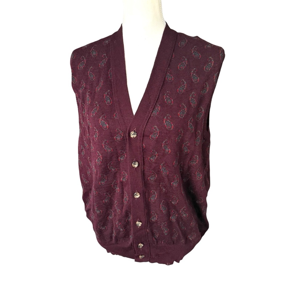 Vtg 60s 70s Neiman Marcus Burgundy Paisley Button-Up sweater Vest men large top